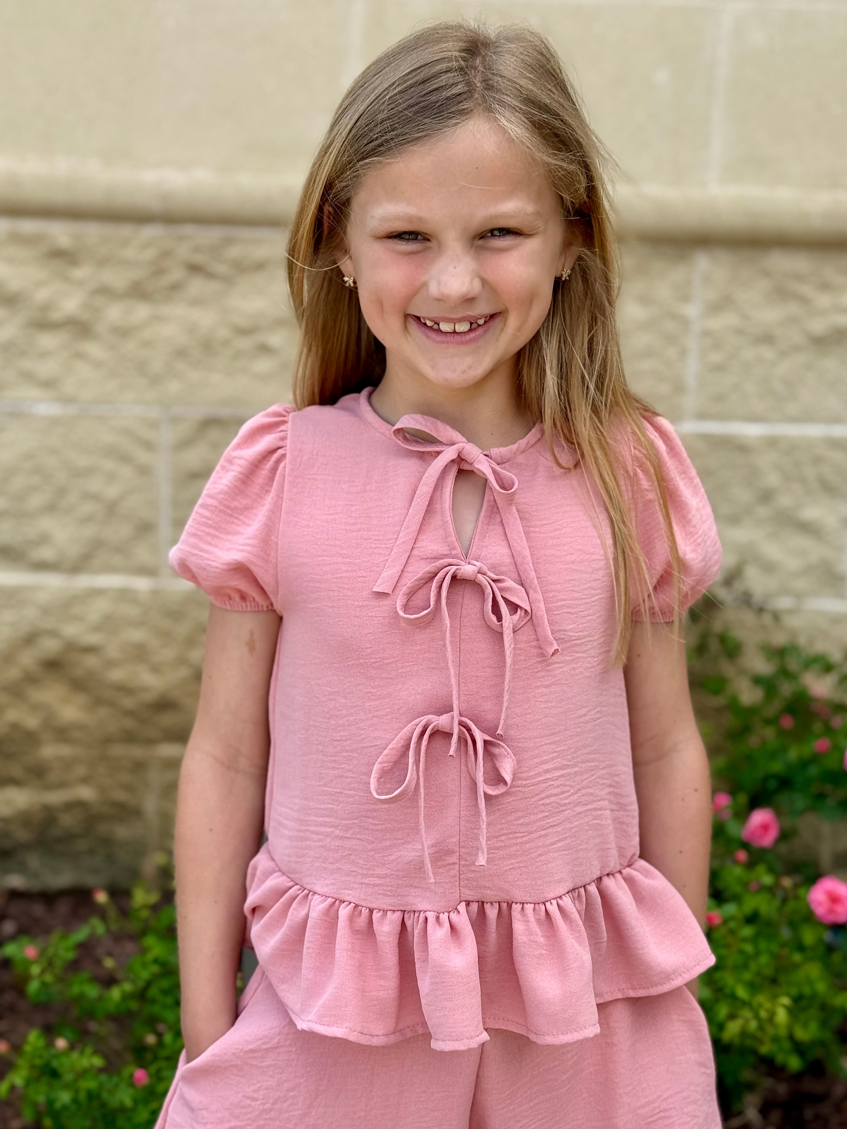 Rose Ribbon Tie Ruffle Top