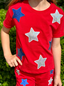 White & Blue Sequin Star Tee