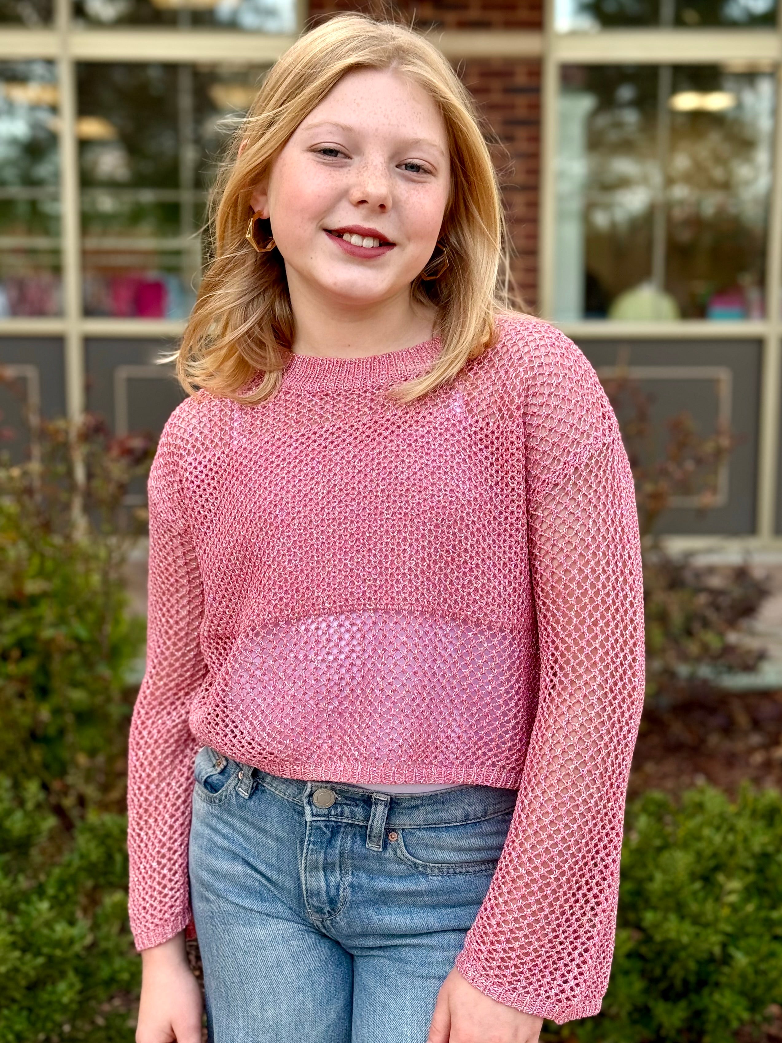 Molly Pink Shimmer Crochet Sweater