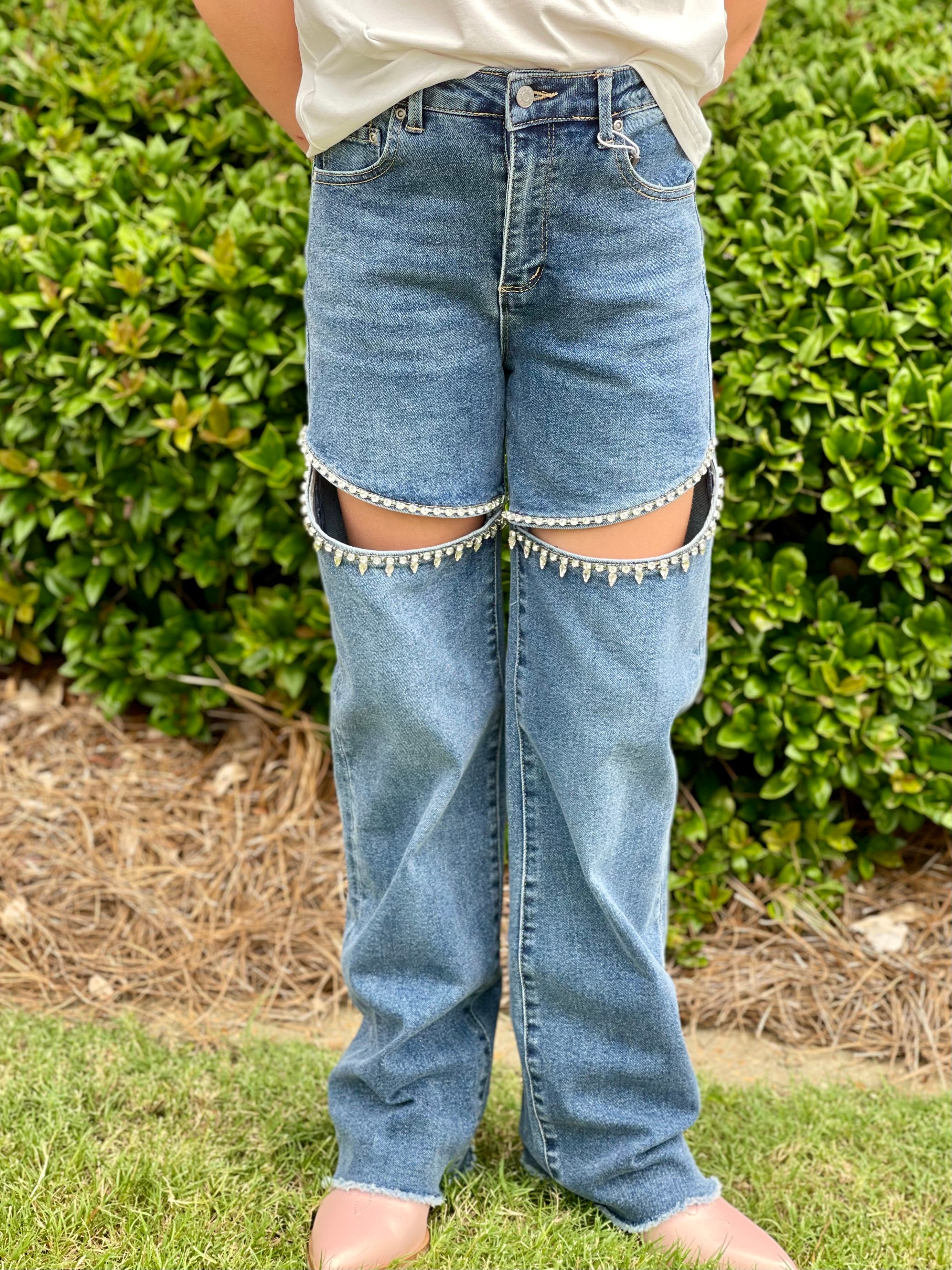 Tractr Crystal Slit Straight Leg Denim