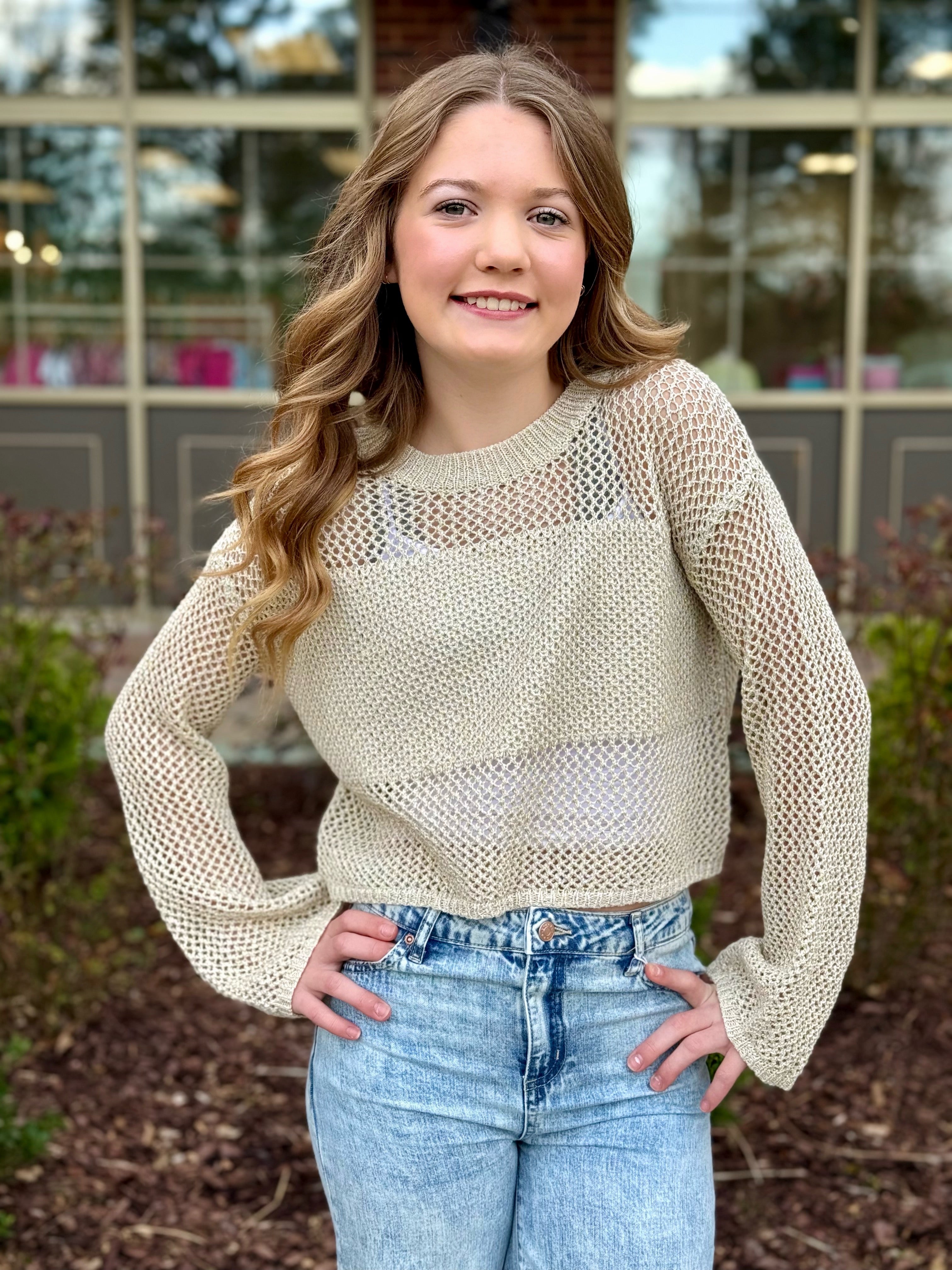 Molly Beige Shimmer Crochet Sweater