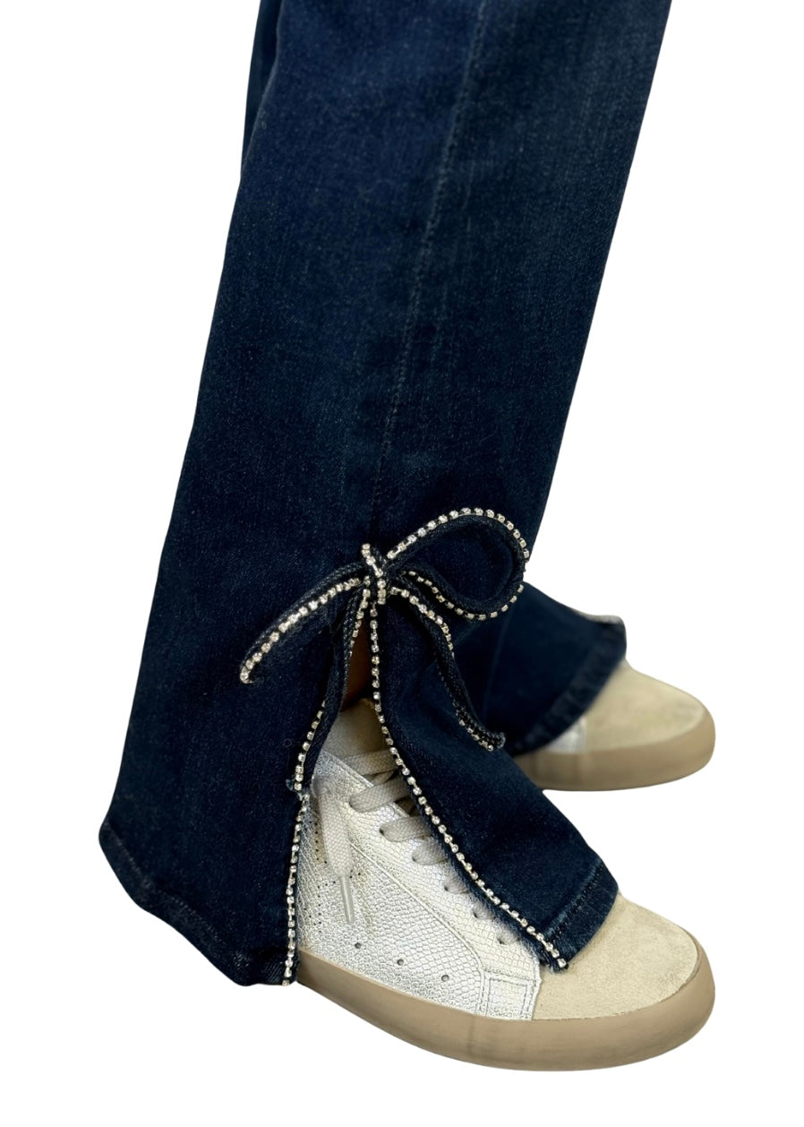 Tractr Rhinestone Bow Slit Flare Denim