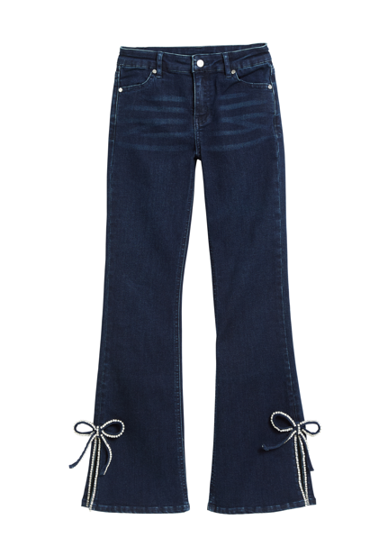 Tractr Rhinestone Bow Slit Flare Denim