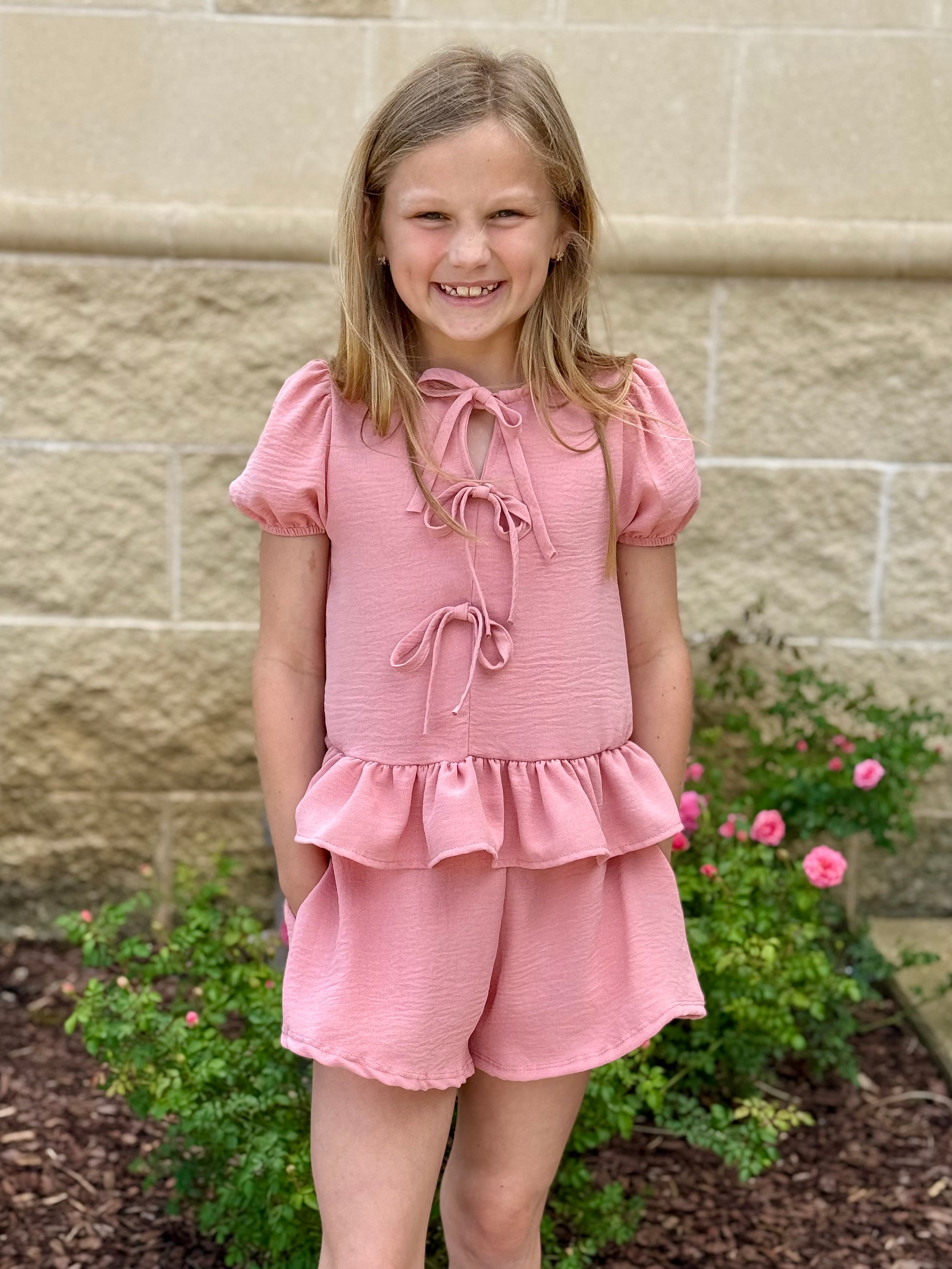 Rose Ribbon Tie Ruffle Top