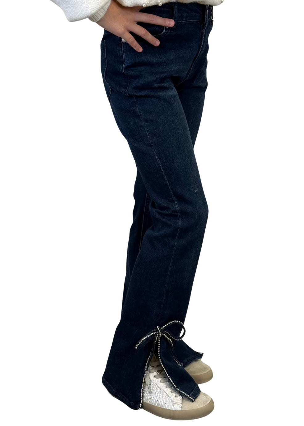 Tractr Rhinestone Bow Slit Flare Denim