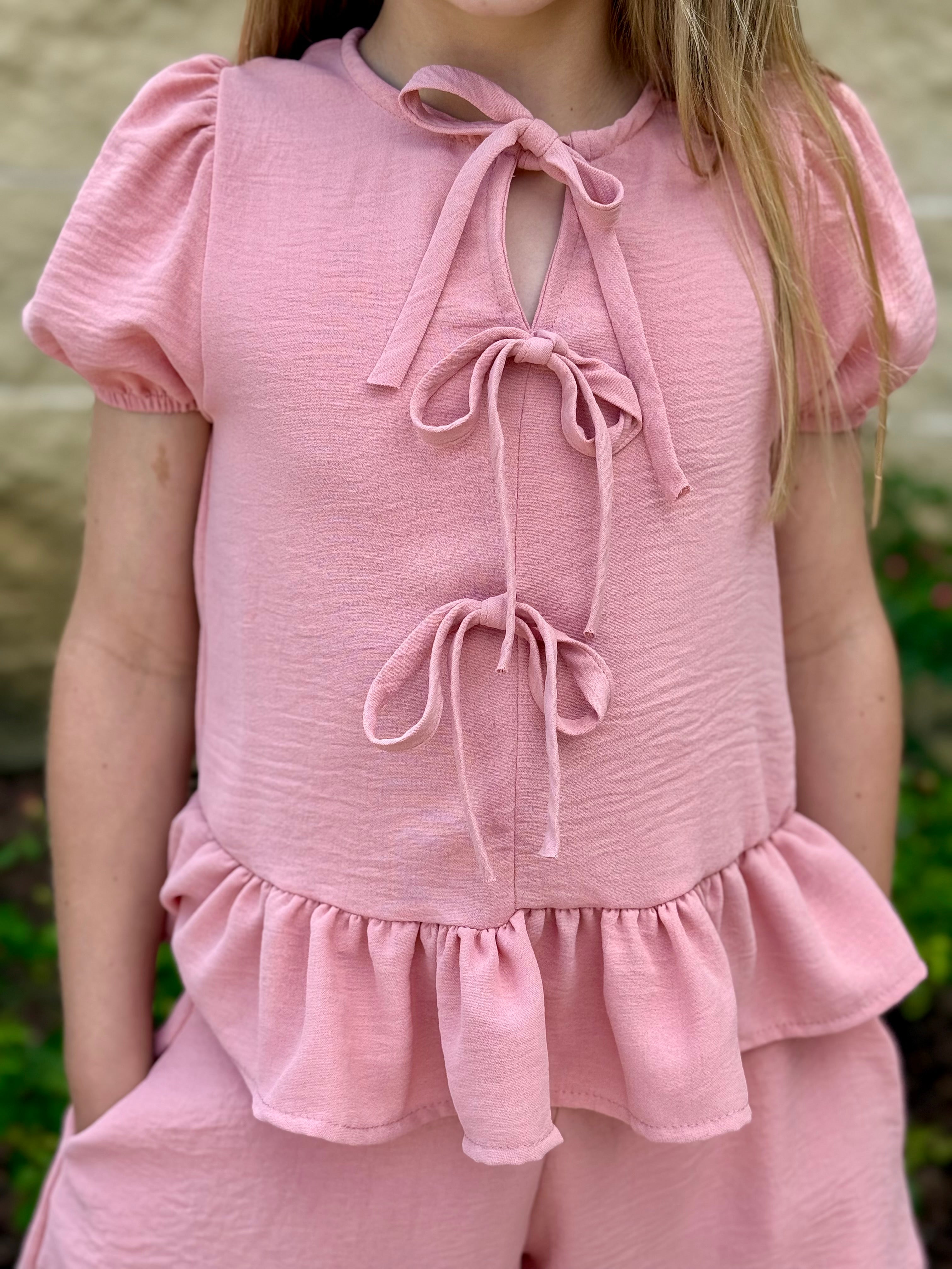 Rose Ribbon Tie Ruffle Top