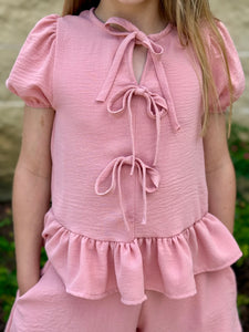 Rose Ribbon Tie Ruffle Top