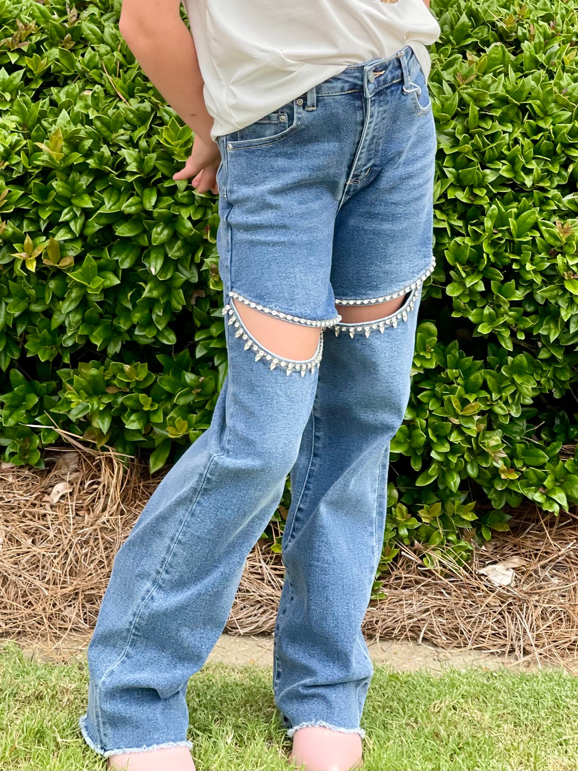 Tractr Crystal Slit Straight Leg Denim