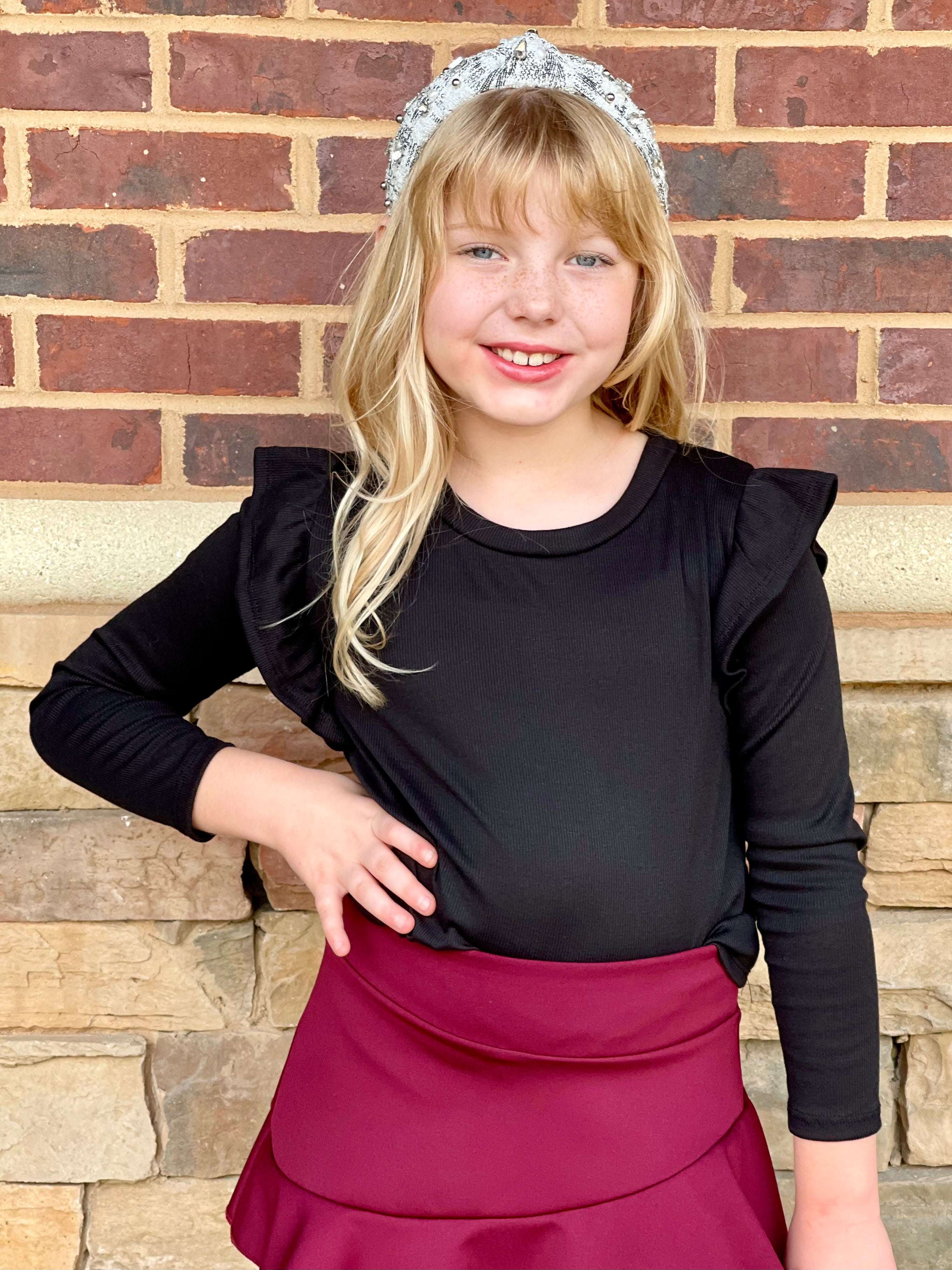 Black Rib Ruffle Sleeve Top