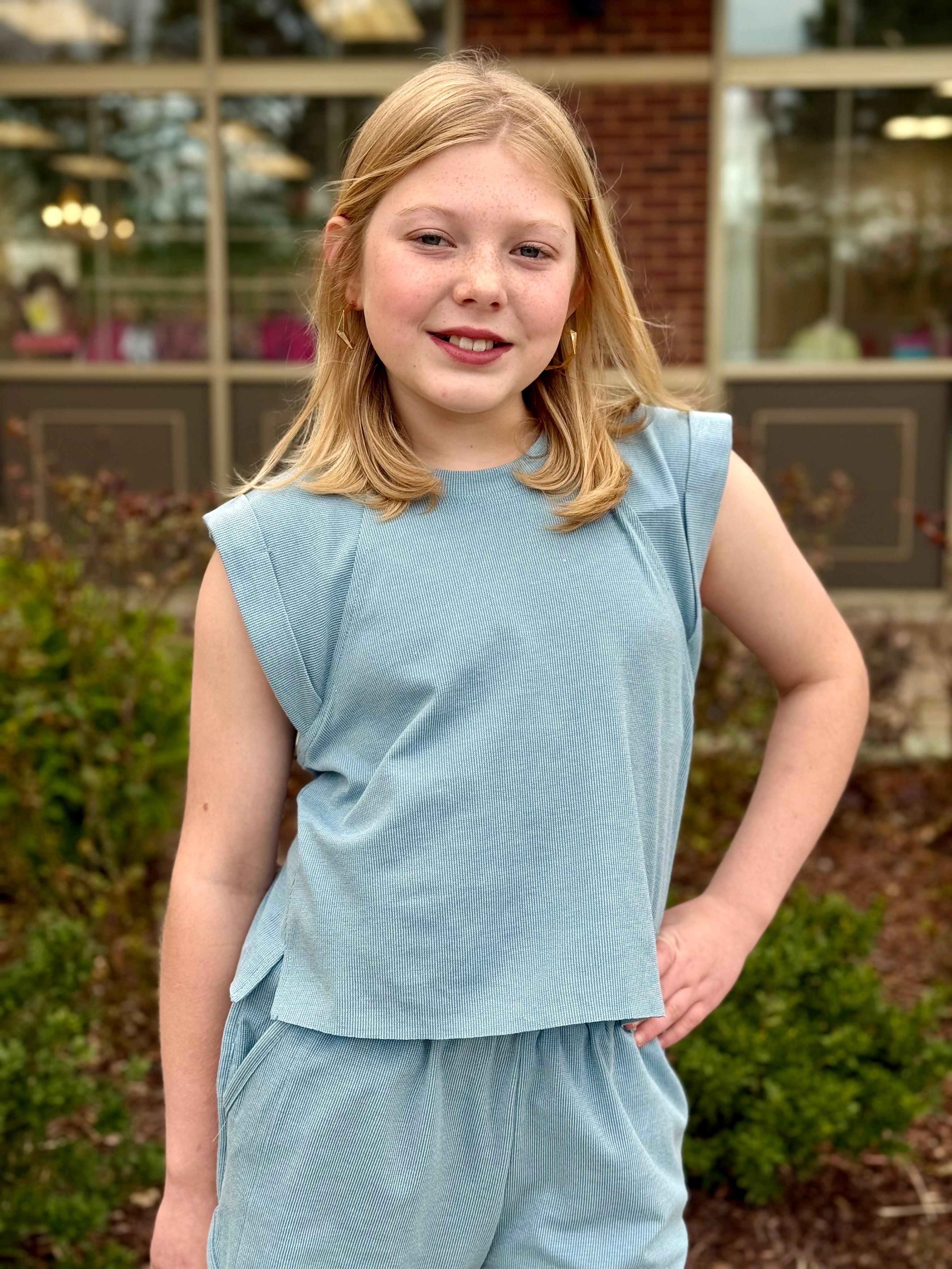 Sightseeing Blue Cuff Sleeve Top