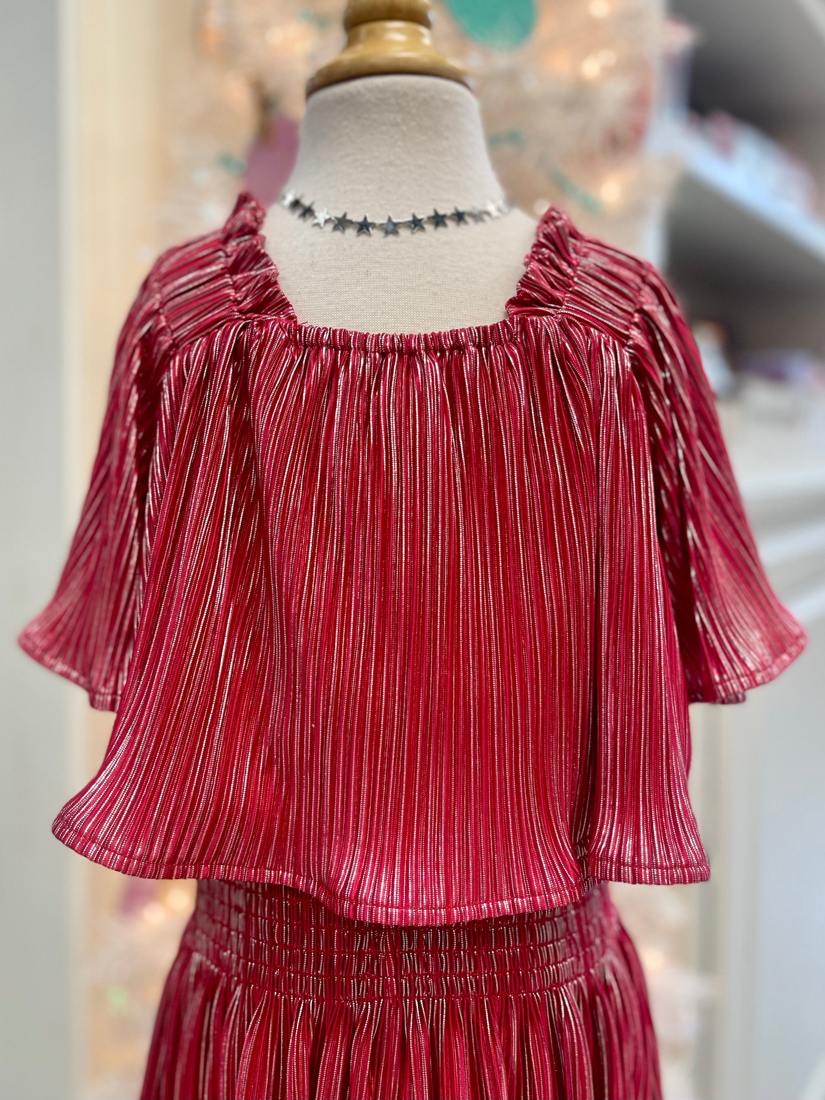 Queen of Sparkles Red/Silver Pleat Flutter Top
