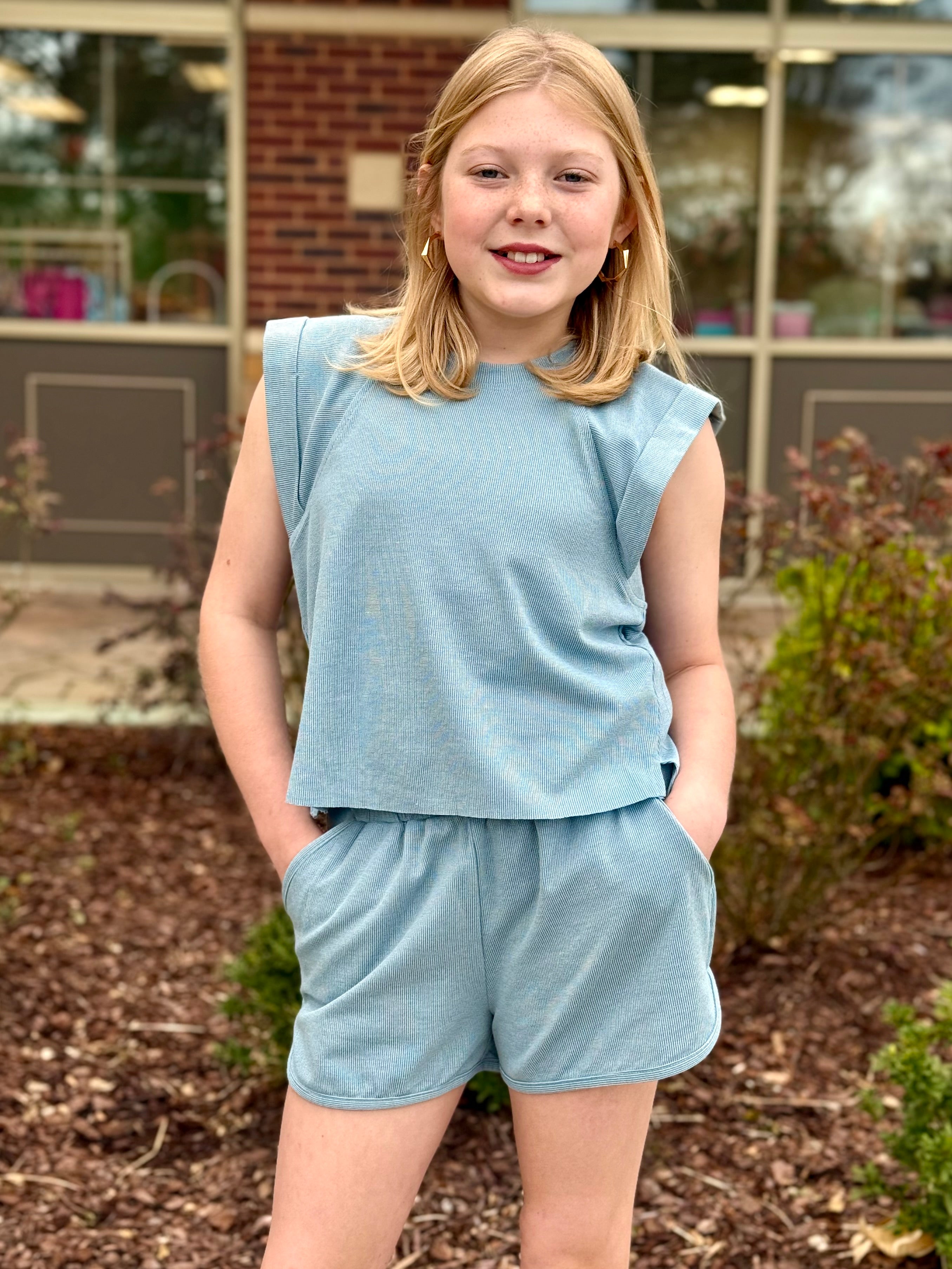 Sightseeing Blue Cuff Sleeve Top