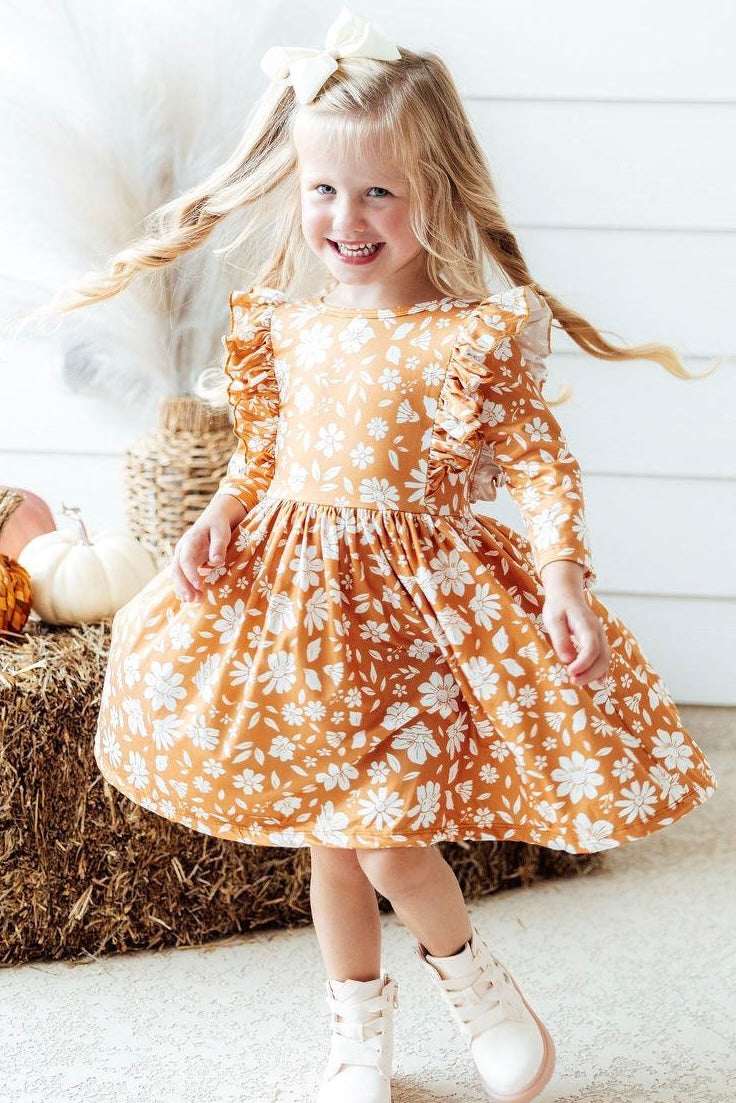 Golden Blooms Ruffle Dress