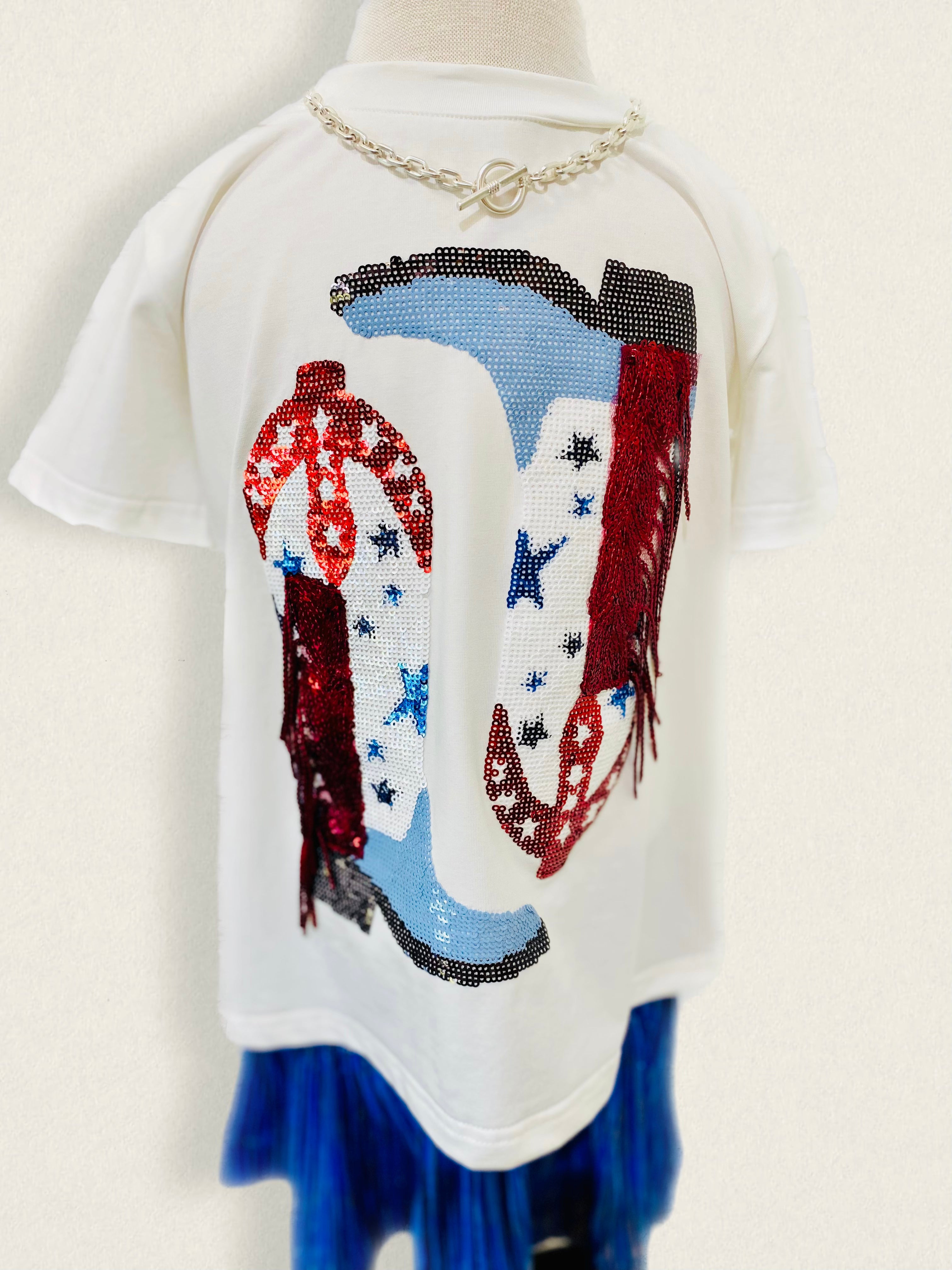 Queen of Sparkles Powder Blue & Red Fringe Boot Tee