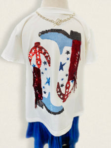 Queen of Sparkles Powder Blue & Red Fringe Boot Tee