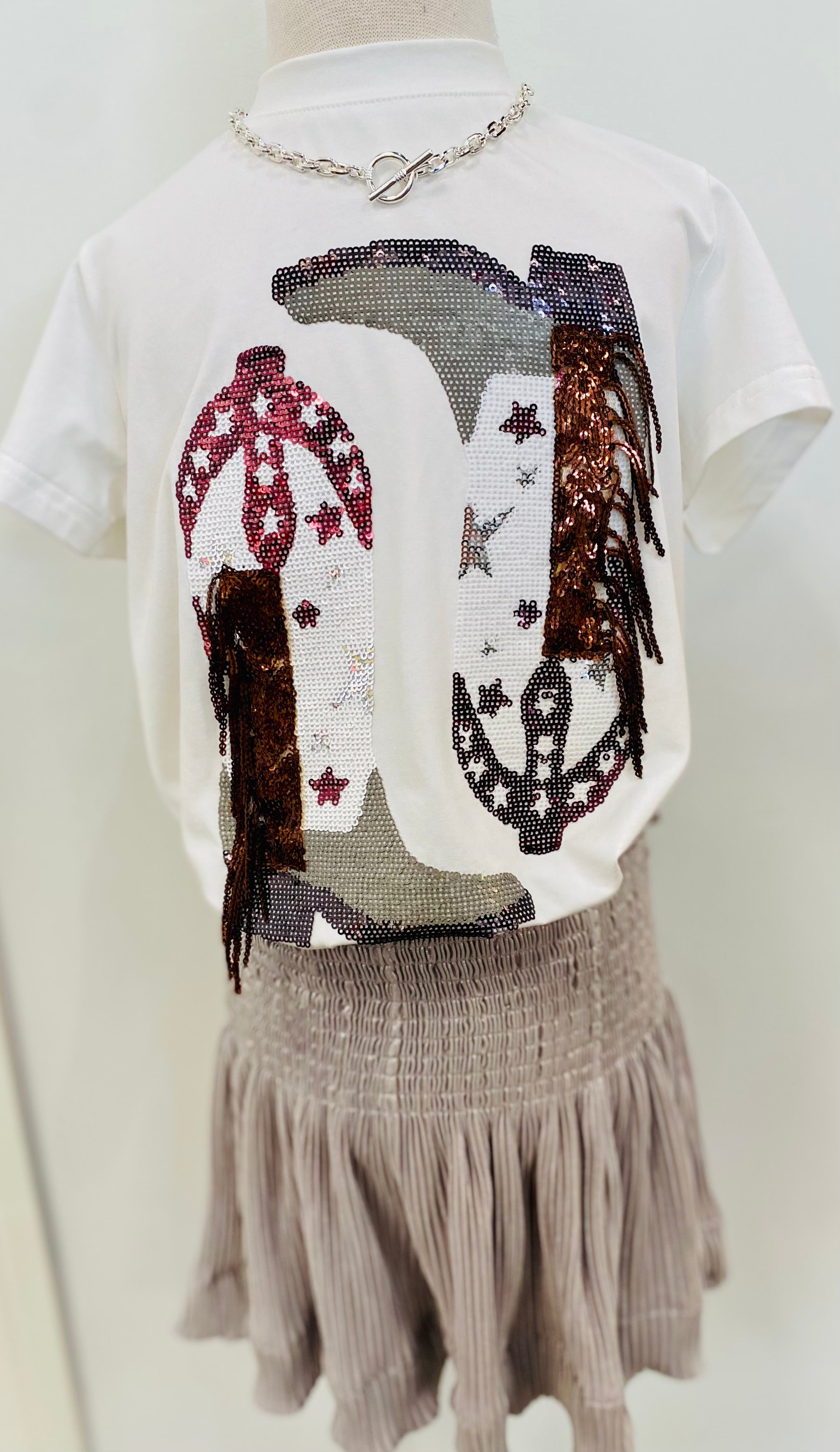 Queen of Sparkles Maroon & Grey Fringe Boot Tee