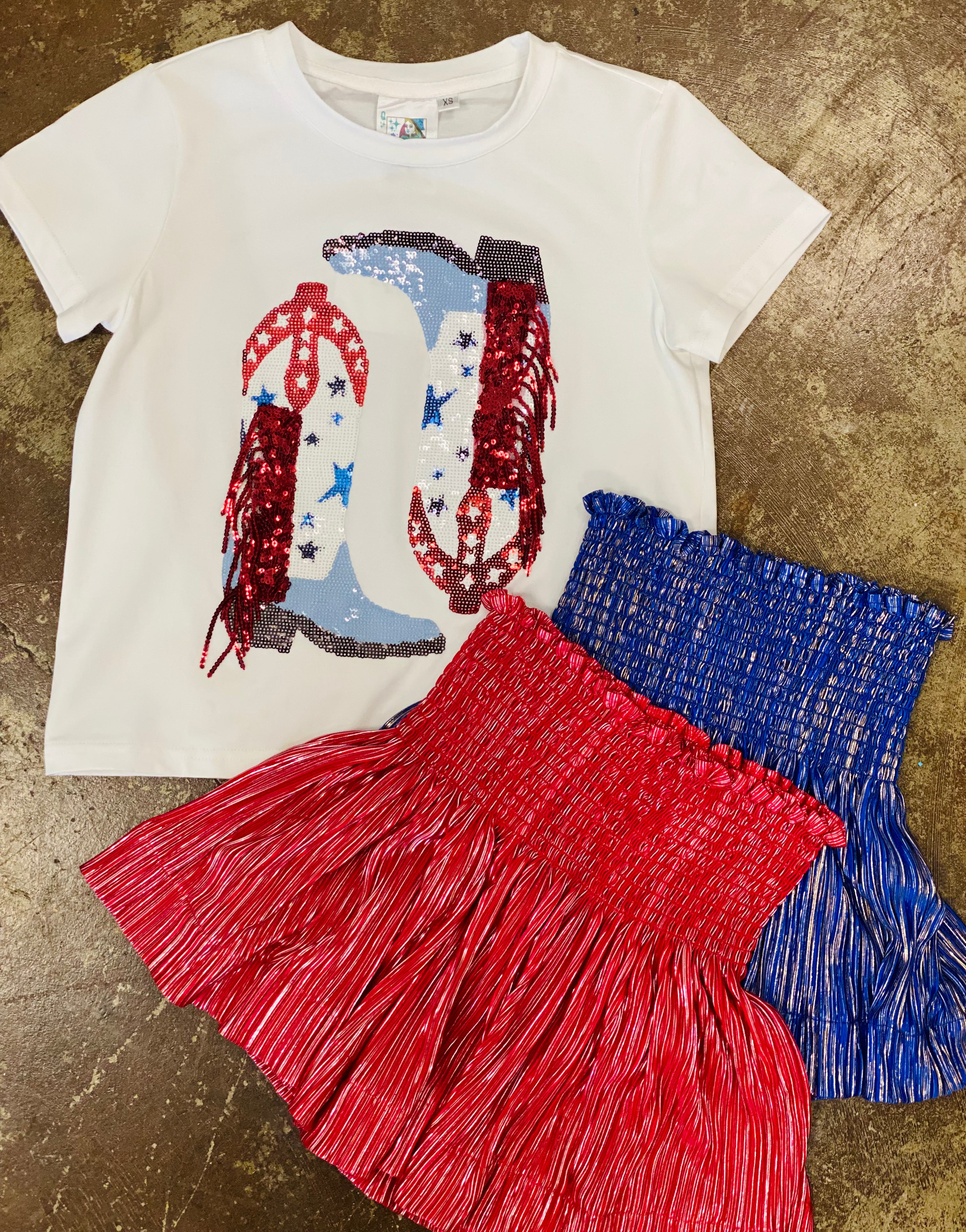 Queen of Sparkles Powder Blue & Red Fringe Boot Tee