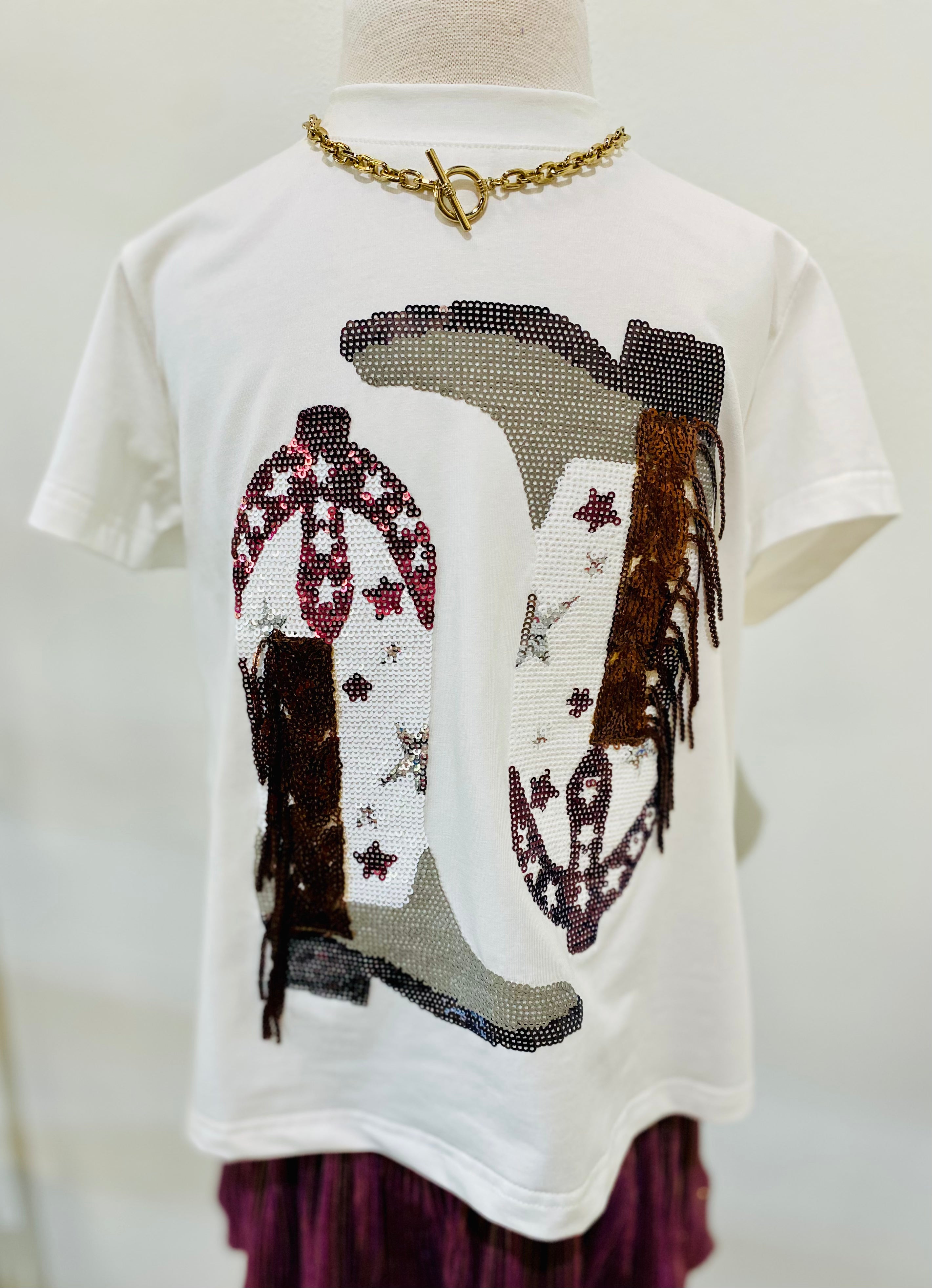 Queen of Sparkles Maroon & Grey Fringe Boot Tee