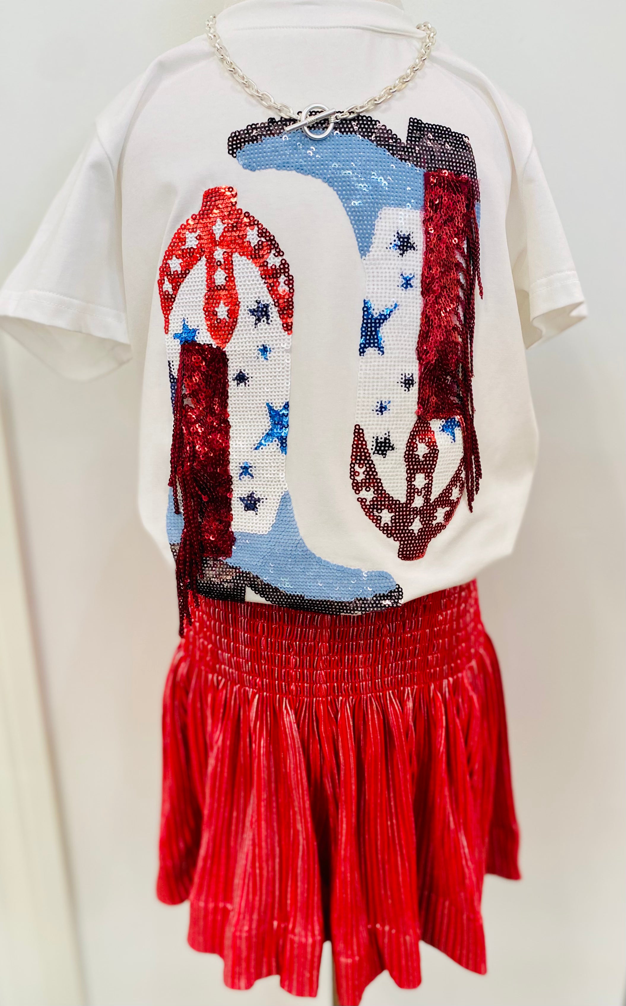 Queen of Sparkles Powder Blue & Red Fringe Boot Tee