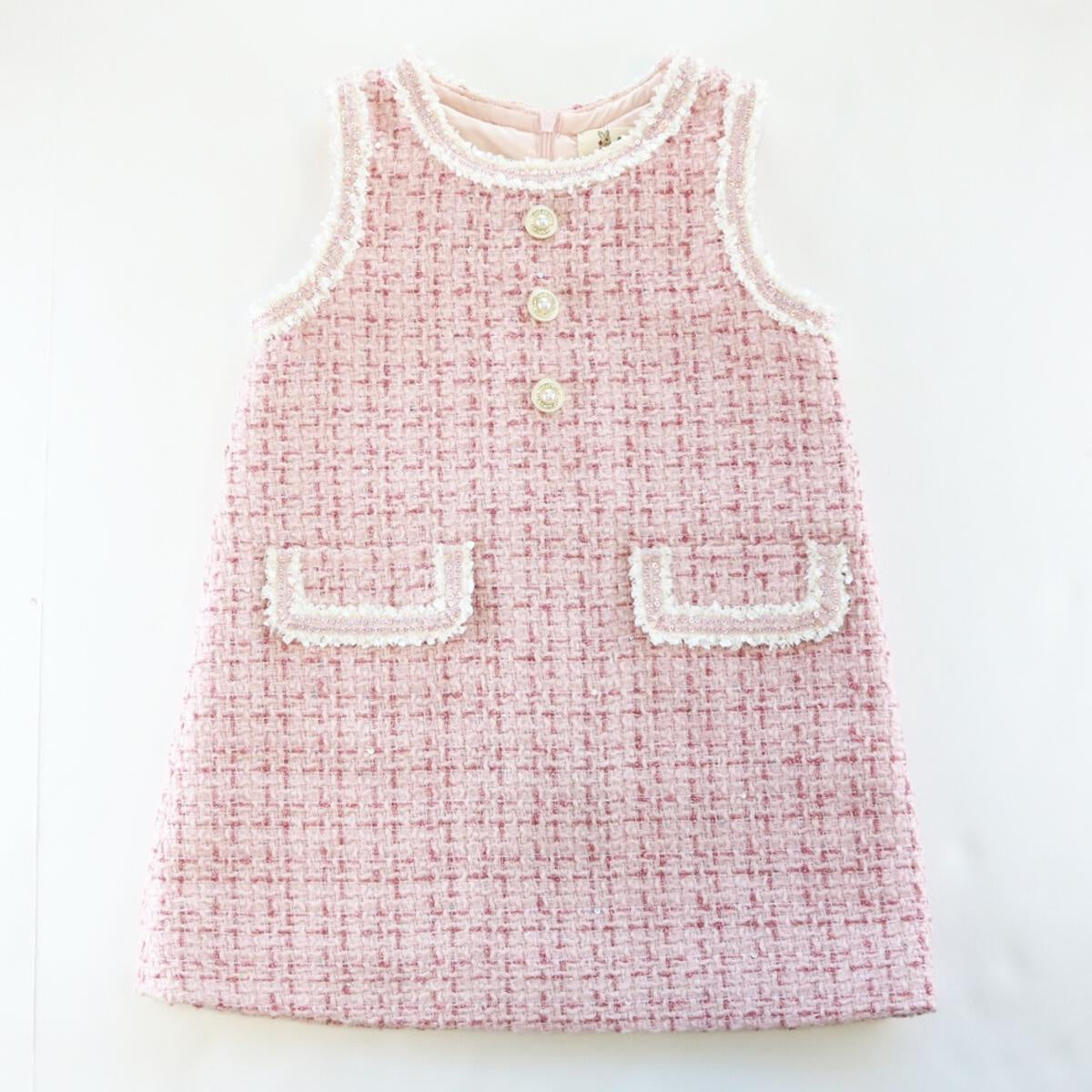 Sequin Trim Pink Tweed Dress