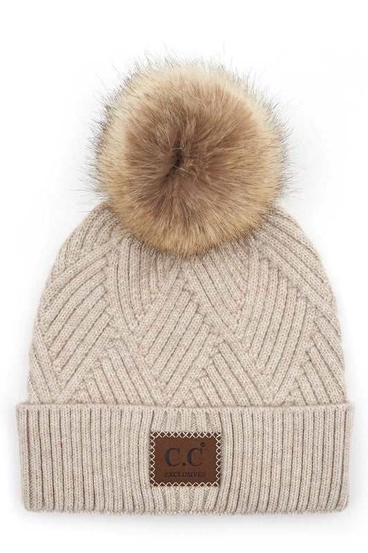 C.C Adult Stripe Criss Cross Pom Beanie