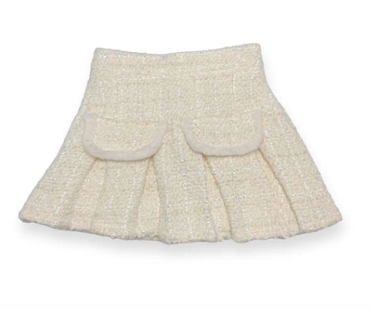 Ivory Fur Trim Pleat Tweed Skirt
