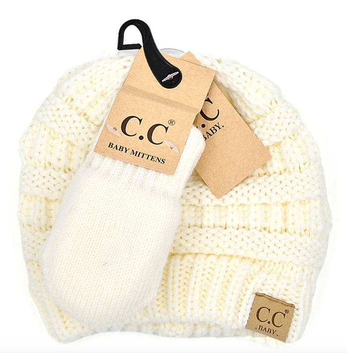 C.C Baby Solid Ribbed Beanie and Mitten Set