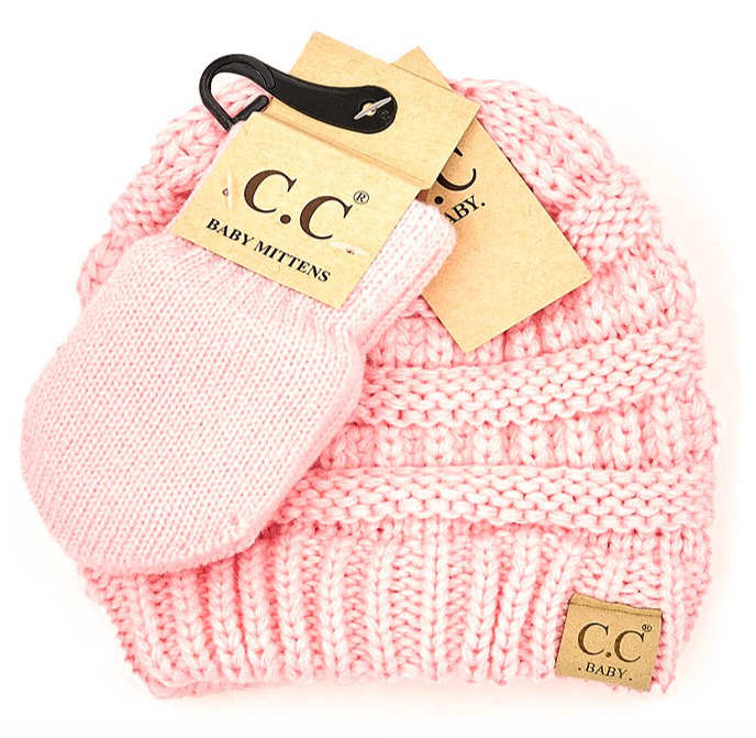 C.C Baby Solid Ribbed Beanie and Mitten Set